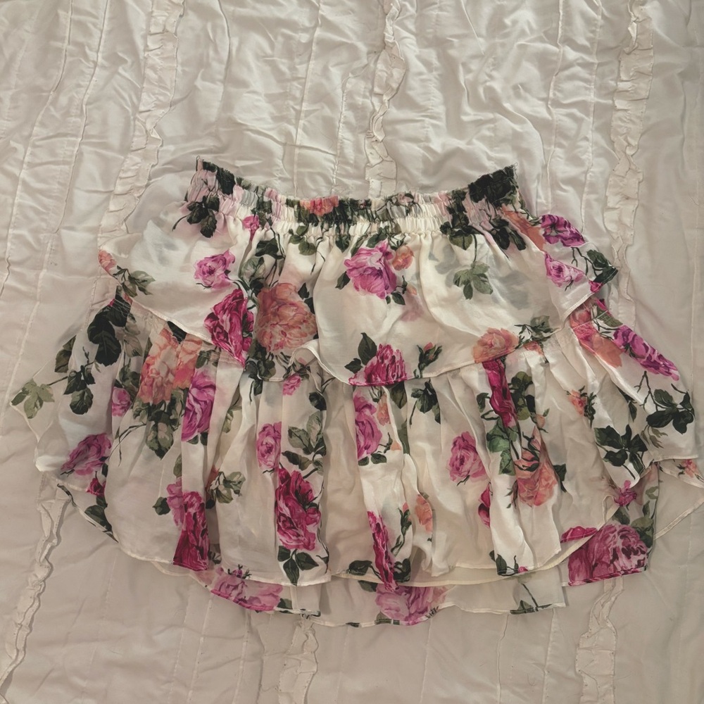LoveShackFancy Silk Floral Tiered Ruffle Mini Skirt